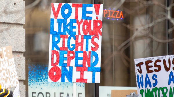 Person holding homemade protest sign reading "vote light your rights depend on it!"