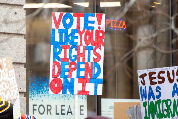 Person holding homemade protest sign reading "vote light your rights depend on it!"