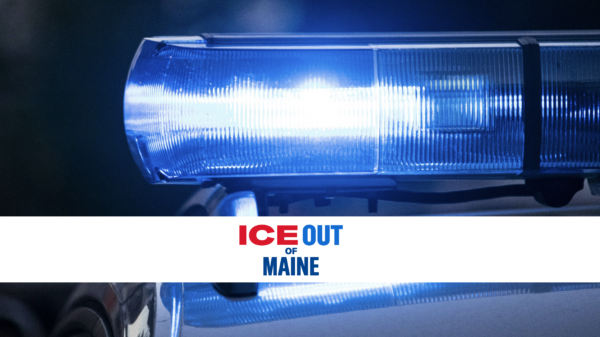 Police light with text "ICE Out of Maine" over it.