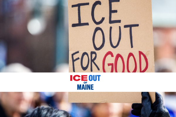 Person holding homemade protest sign reading: ICE OUT FOR GOOD