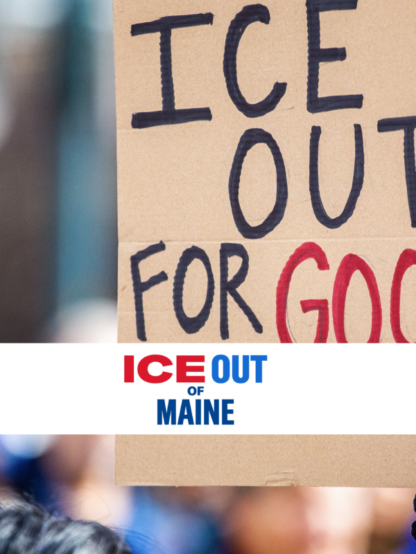 Person holding homemade protest sign reading: ICE OUT FOR GOOD