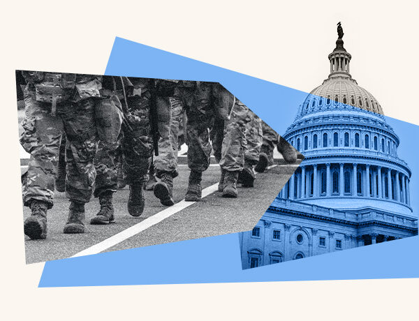 An illustrated collage of military personnel walking and the Capitol building