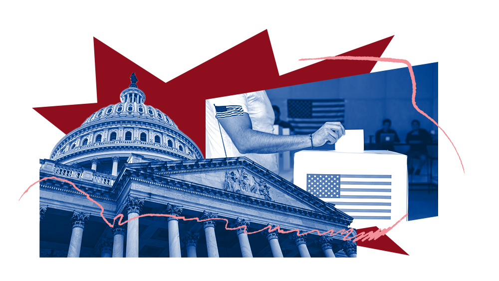 Capitol with overlayed image of person casting a ballot.