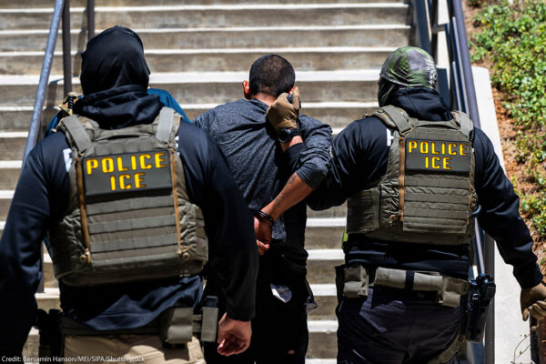 U.S. Immigration and Customs Enforcement (ICE) detaining a man at the Ventura Government Center in Ventura, California.