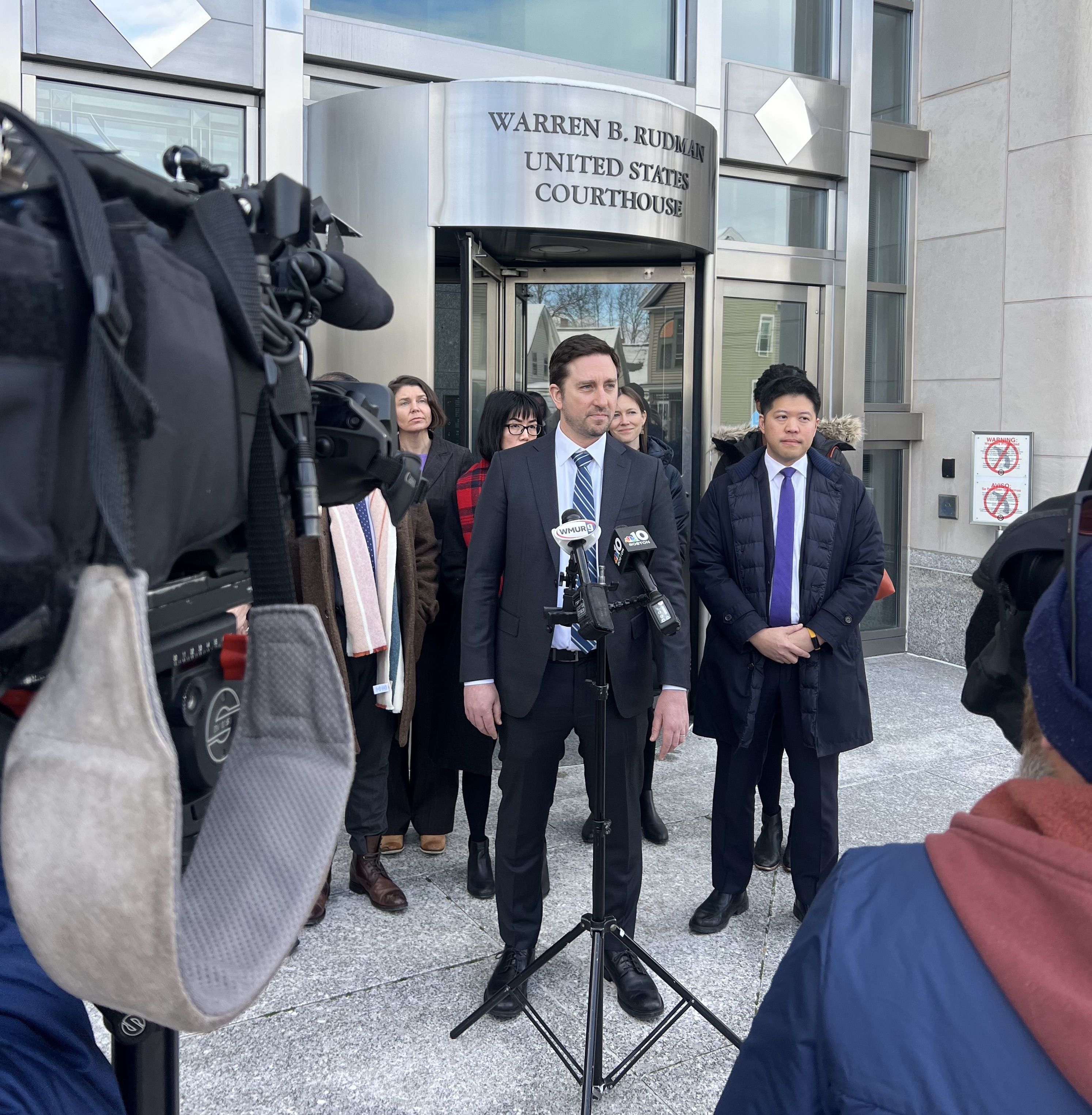 11 Feb 2025_Birthright Citizenship Case Arguments ACLU attorneys answering press questions outside of courthouse.