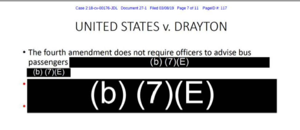 Screenshot of Internal CBP document referencing Supreme Court case United States v. Drayton, saying the fourth amendment does not require officers to advise bus passengers followed by several redacted statements.