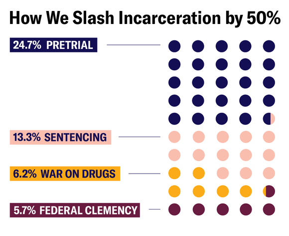 Infographic Title: How We Slash Incarceration by 50% Data: 24.7% Pretrial, 13.3% Sentencing, 6.2% War on Drugs, 5.7% Federal Clemency