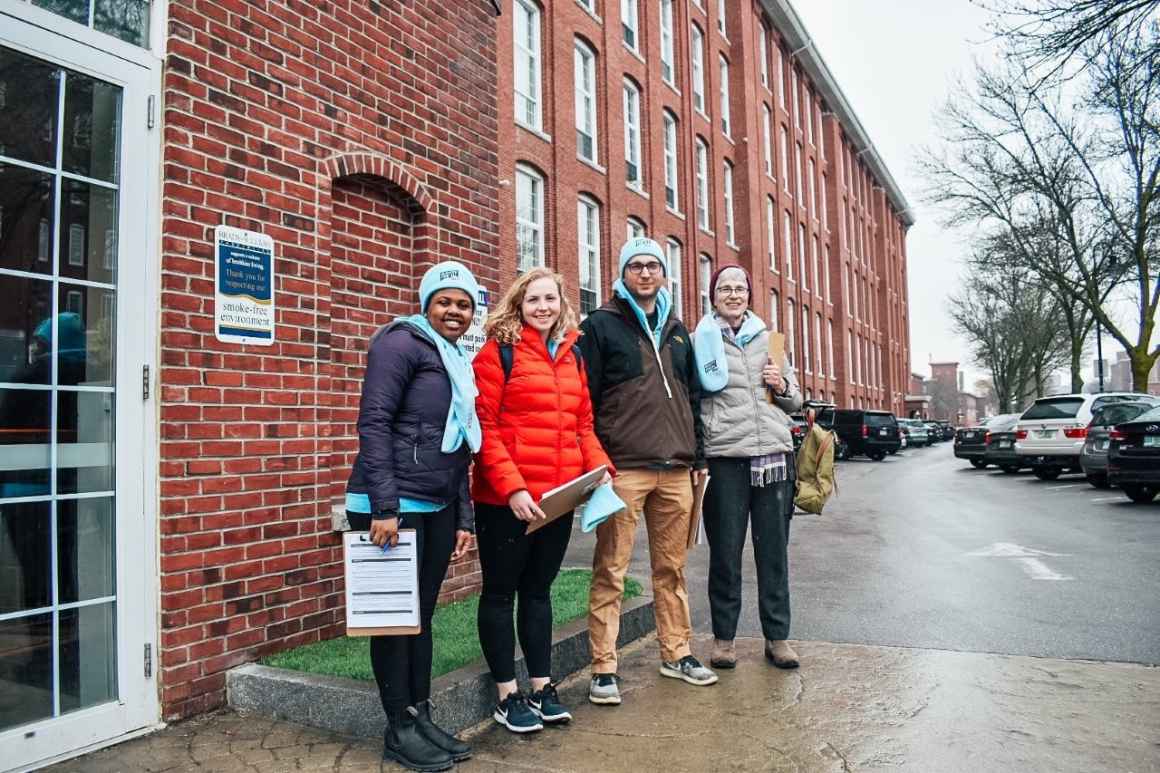 Four rights for all volunteers outside getting ready to canvas in New Hampshire