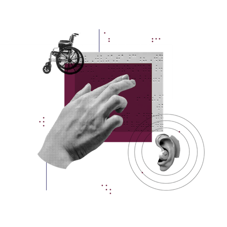 Purple square with black and white images of a hand, wheelchair, ear, and braille.