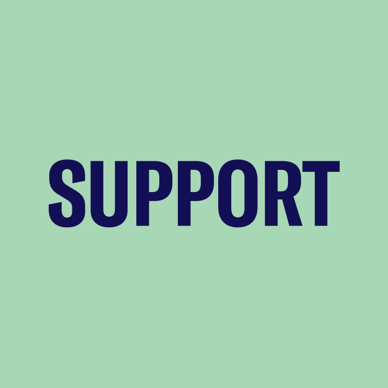 Green square with navy word reading "SUPPORT"