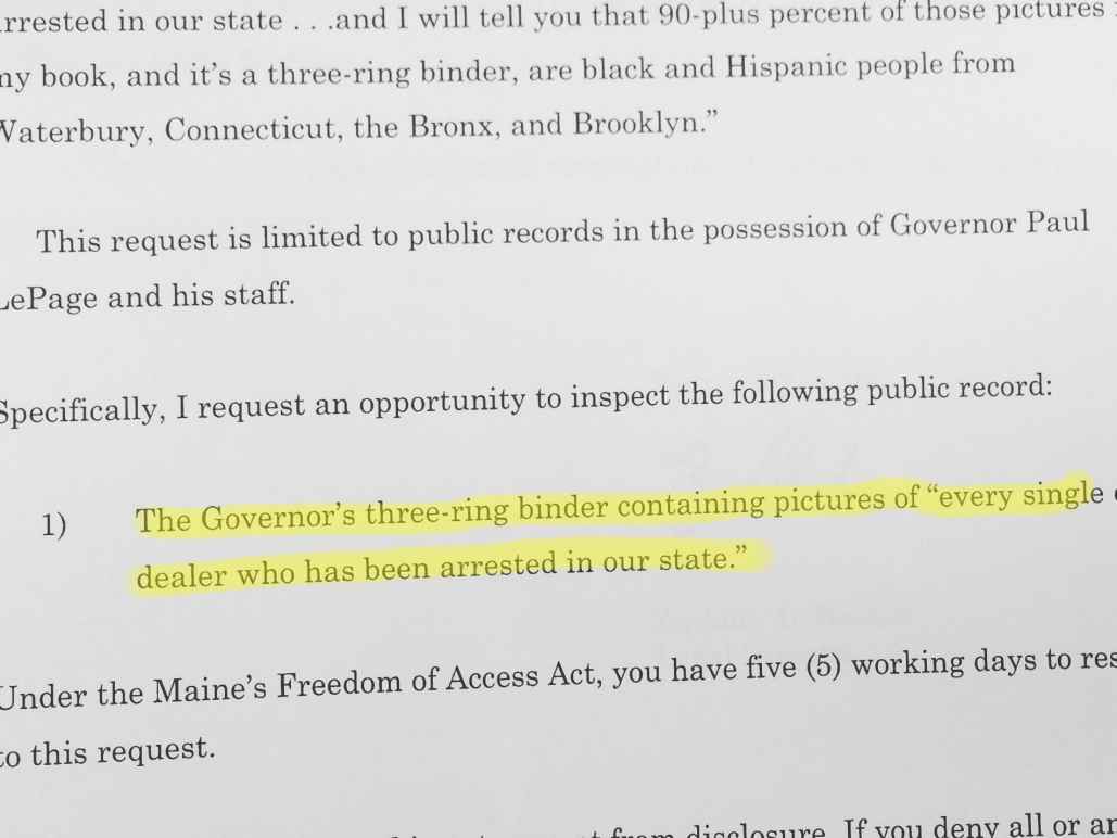 Text from ACLU public records request for govenor's binder of drug arrests