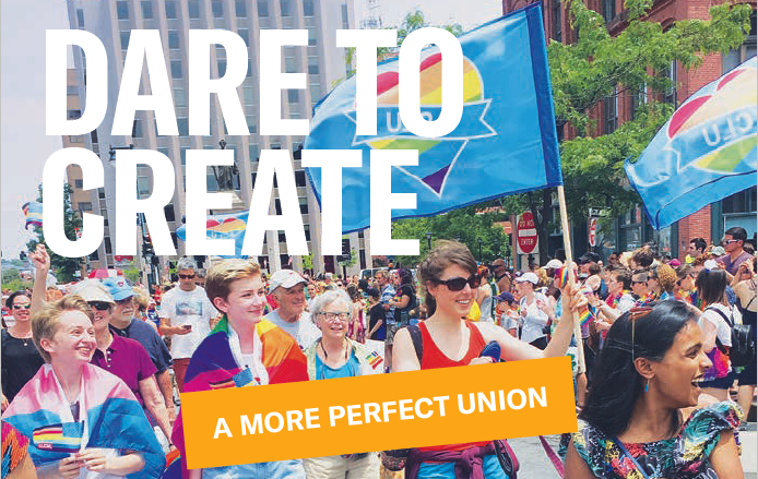 Cropped image of 2018 Annual report cover with people marching and carrying flags at the Portland Pride parade