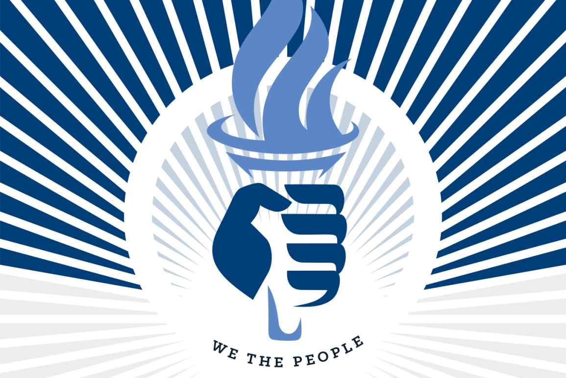 Annual dinner logo with blue hand holding torch
