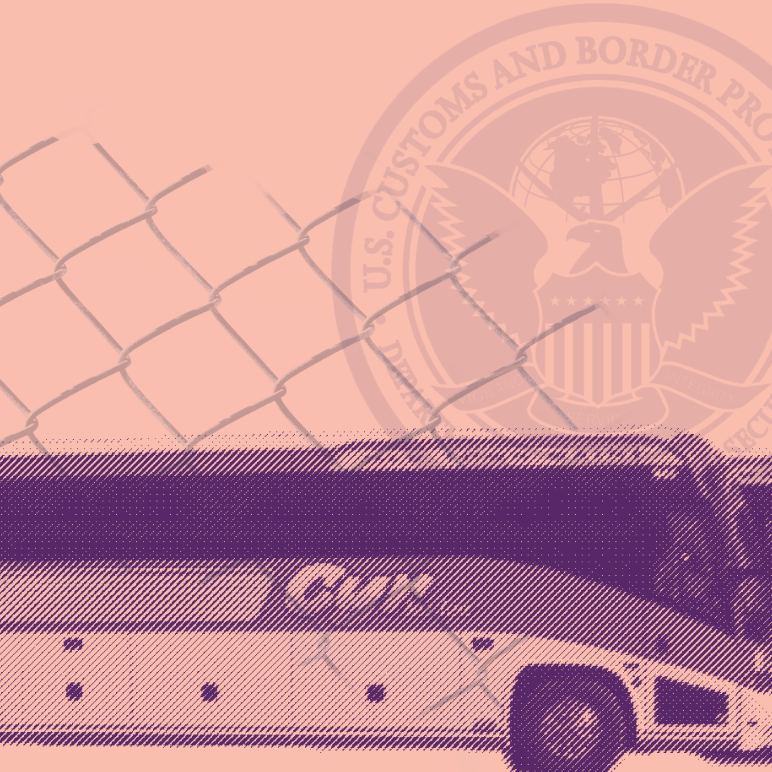 Pink background with Cyr Bus at bottom of square and overlays of chainlink fence and CBP seal.