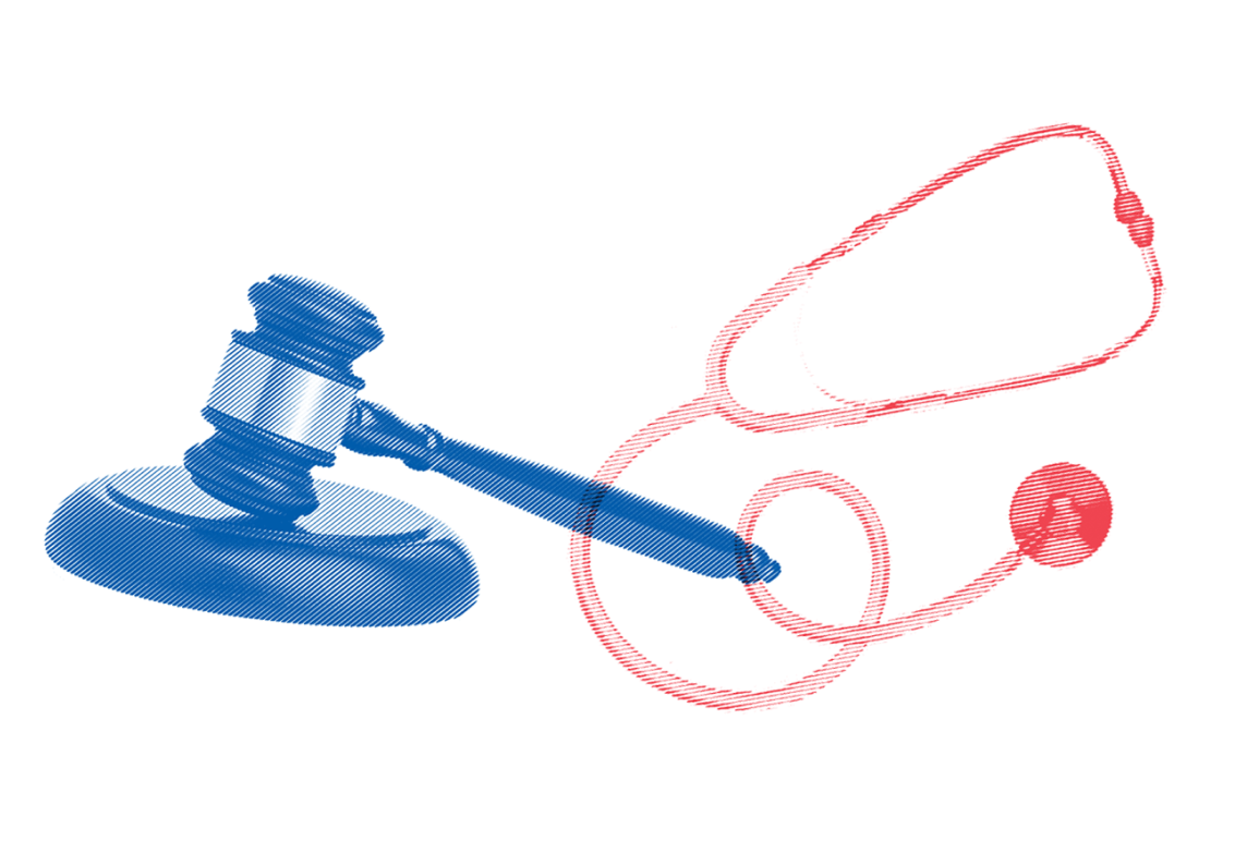Blue gavel and red stethoscope with engraving treatment.