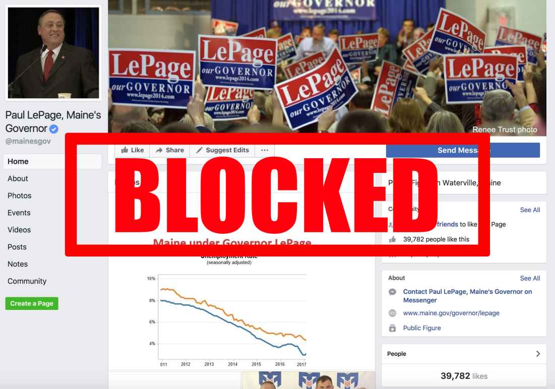Image of Gov. Lepage's facebook with red "BLOCKED" stamp