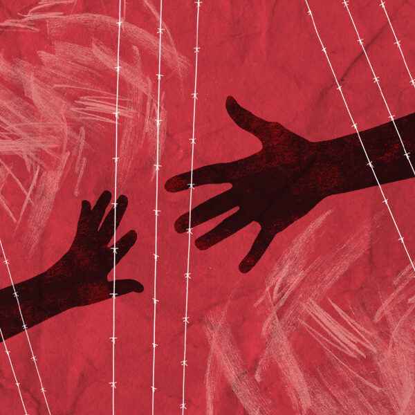 Red background with hands reaching for each other and barbed wire overlay.
