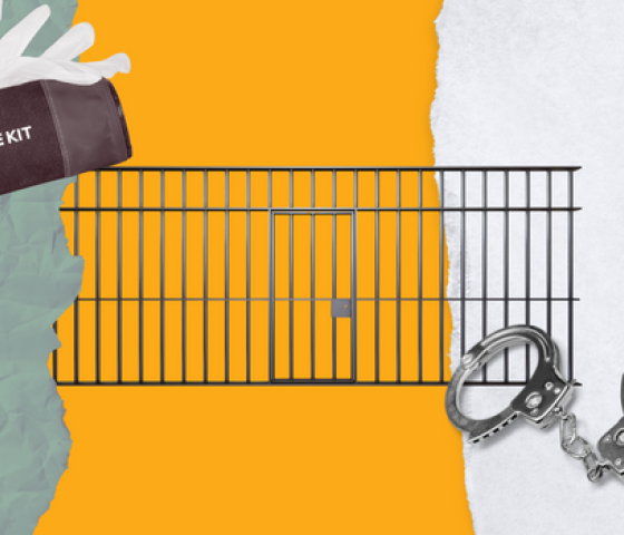 Yellow background with jail bars and handcuffs overlayed
