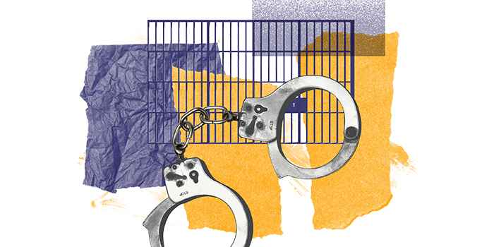 Images of handcuffs and prison bars overlaying purple and yellow shapes with the texture of wrinkled paper.