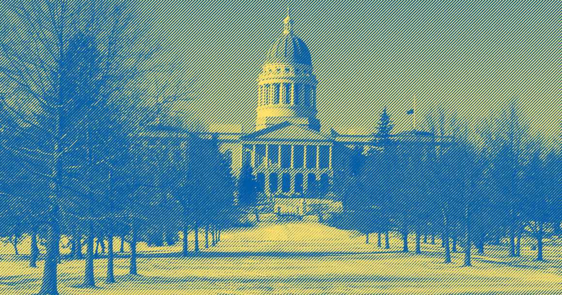 Maine State Capitol building in snow with yellow and blue engraving effect