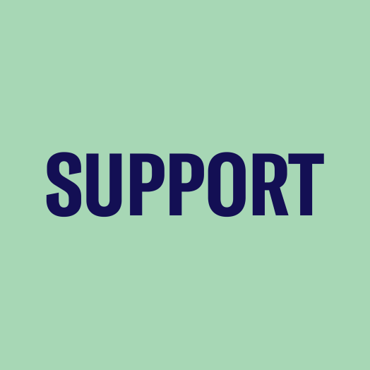 Green square with navy word reading "SUPPORT"