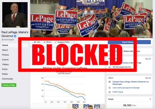 Image of Gov. Lepage's facebook with red "BLOCKED" stamp