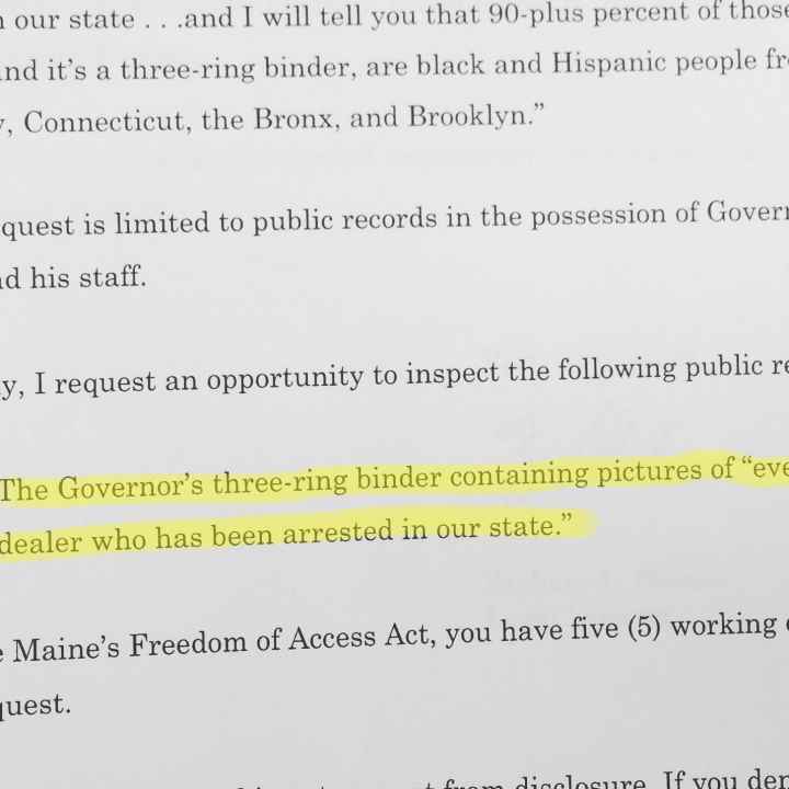 Text from ACLU public records request for govenor's binder of drug arrests