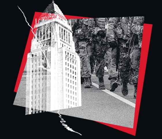 Start red and black image showing troops on our streets.