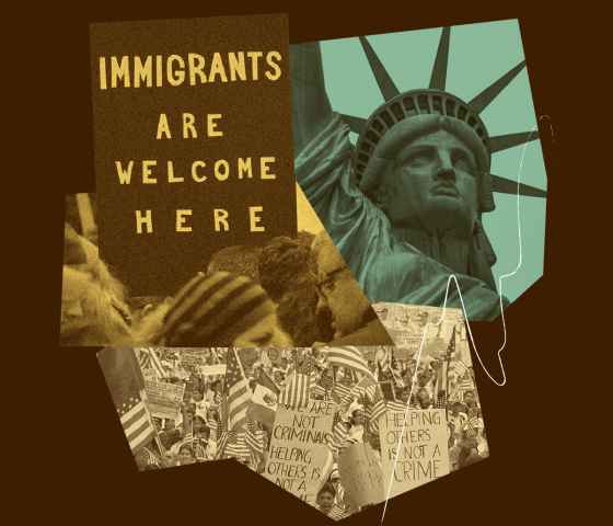 Multicultural protest collage with the Statue of Liberty and a message reading Immigrants are welcome here.